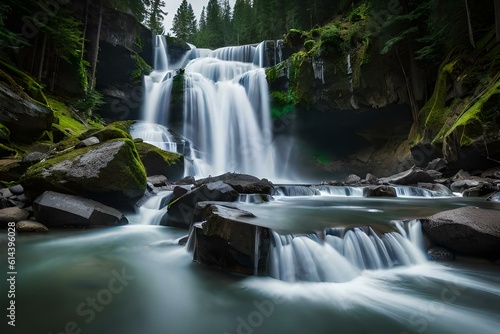 a cascading waterfall surrounded by trees and rocks