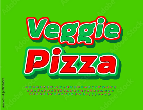 Vector advertising Flyer Veggie Pizza. Bright Font. Colorful Alphabet Letters  Numbers and Symbols