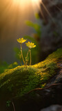 flowers on the rocks,Sunshine at dawn A small wildflower grows on the rock ,moss on the rocks
