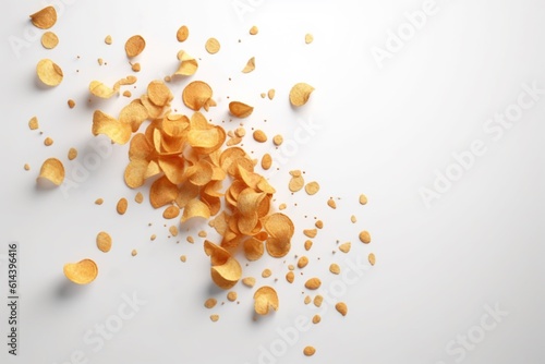 Potato fried chips on a white background, minimalistic, top view, copy space. AI generated