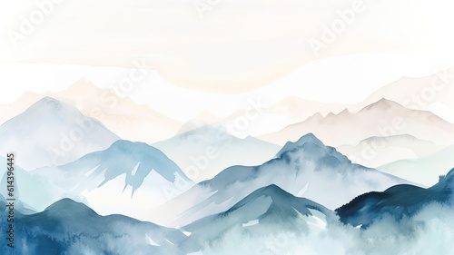 panorama of the mountains in winter,super minimal watercolor on white background paper of snow 