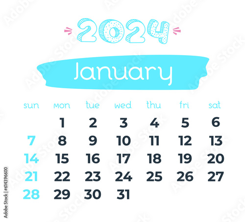 2024 year January month calendar. Doodle calendar. Business organizer on transparent background