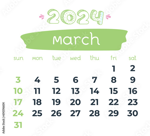 2024 year March month calendar. Doodle calendar. Business organizer on transparent background