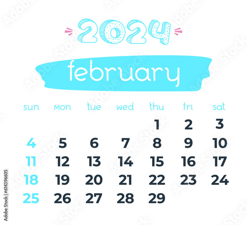 2024 year February month calendar. Doodle calendar. Business organizer on transparent background