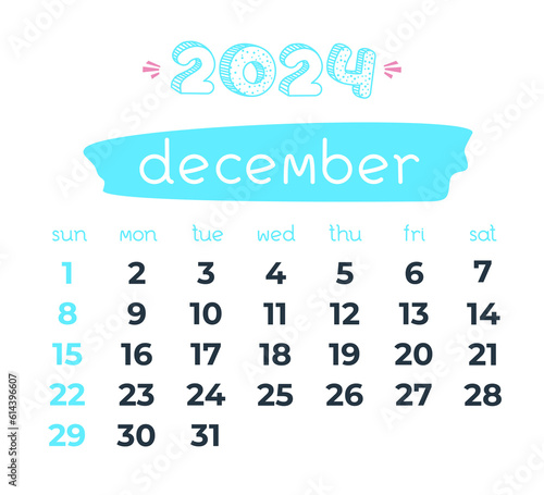 2024 year December month calendar. Doodle calendar. Business organizer on transparent background