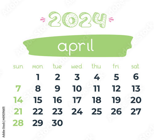 2024 year April month calendar. Doodle calendar. Business organizer on transparent background