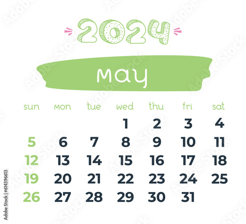 2024 year May month calendar. Doodle calendar. Business organizer on transparent background
