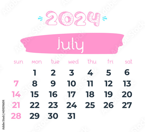 2024 year July month calendar. Doodle calendar. Business organizer on transparent background