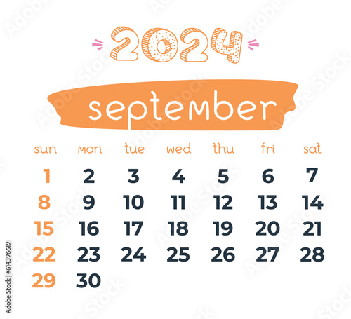 2024 year Septembe month calendar. Doodle calendar. Business organizer on transparent background