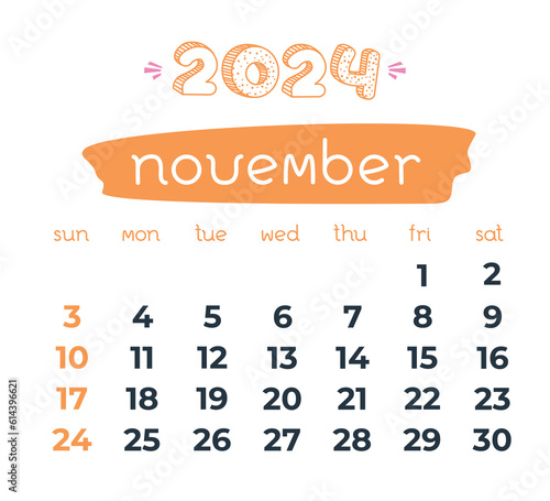 2024 year November month calendar. Doodle calendar. Business organizer on transparent background