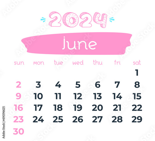 2024 year June month calendar. Doodle calendar. Business organizer on transparent background