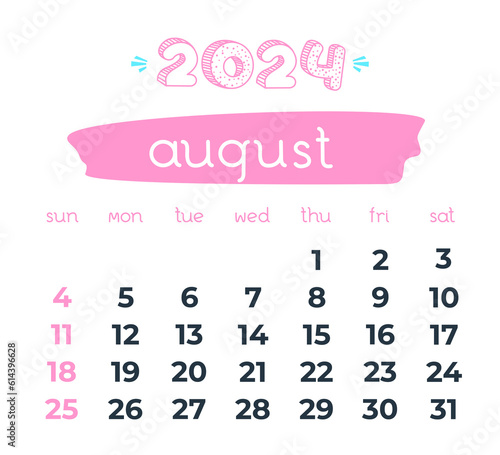 2024 year August month calendar. Doodle calendar. Business organizer on transparent background