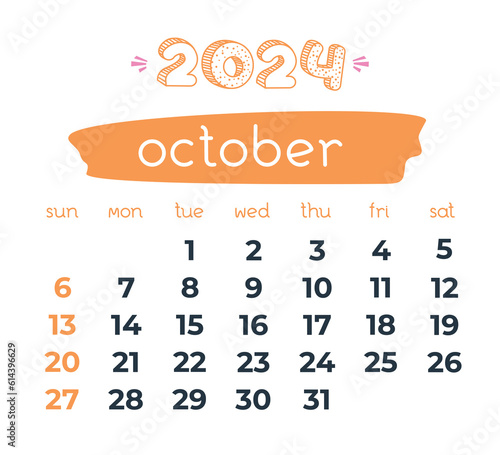 2024 year October month calendar. Doodle calendar. Business organizer on transparent background