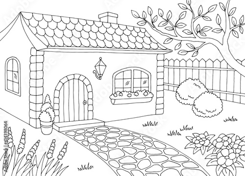 Garden in the courtyard of the house graphic black white sketch illustration vector 