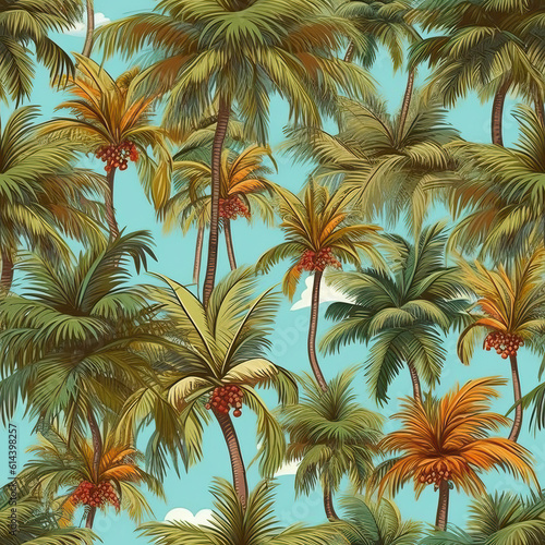 Seamless pattern, palm trees close-up, on a colored background. © Andreas