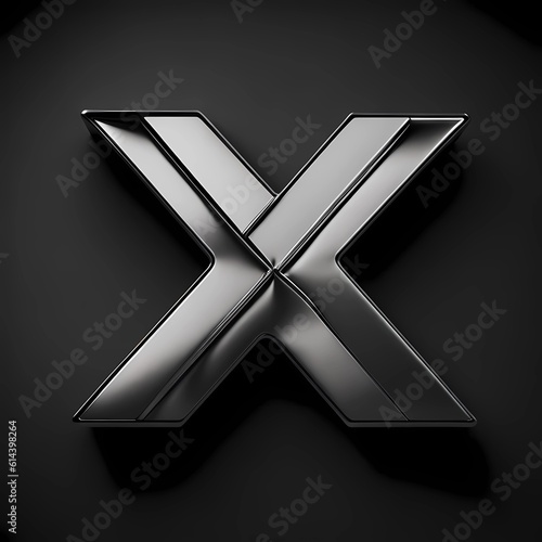 Metal letter X uppercase. 3D render font with shadow on black background, generative Ai art	