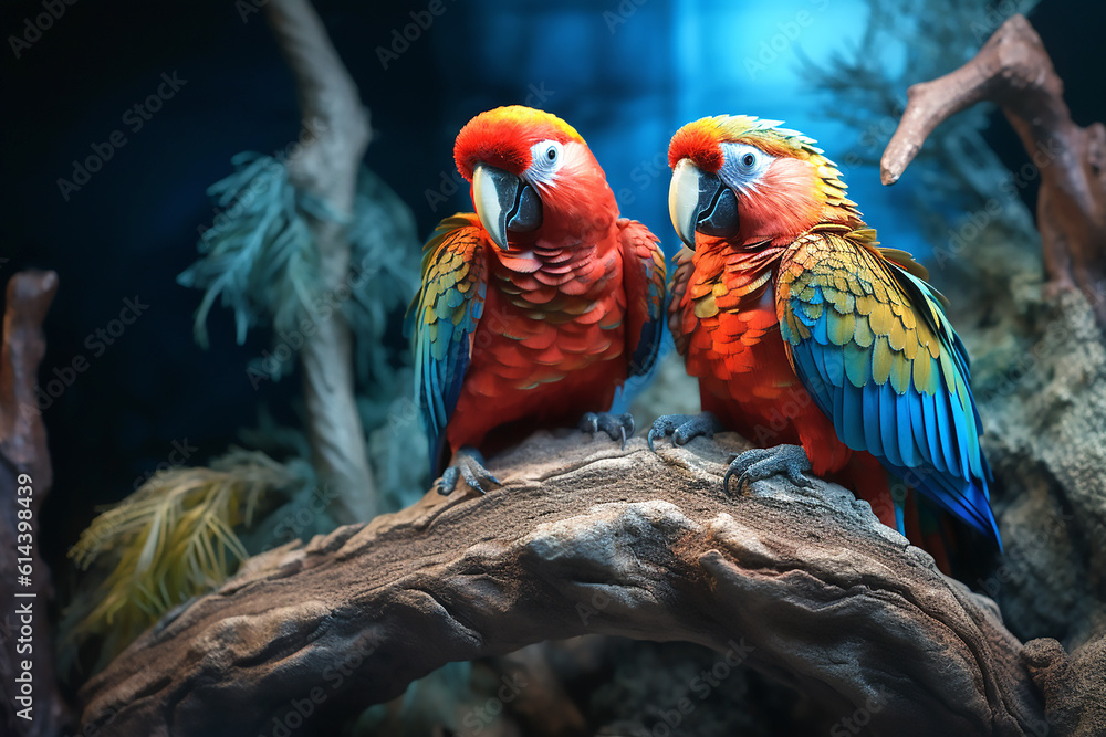 Fototapeta premium Two large colorful parrots siting on a branch. Generative AI