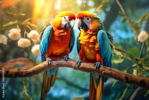 Two large colorful parrots siting on a branch. Generative AI