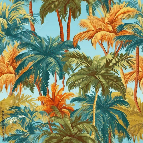 Seamless pattern  palm trees close-up  on a colored background.