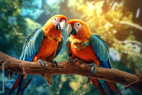 Two large colorful parrots siting on a branch. Generative AI © voisine574