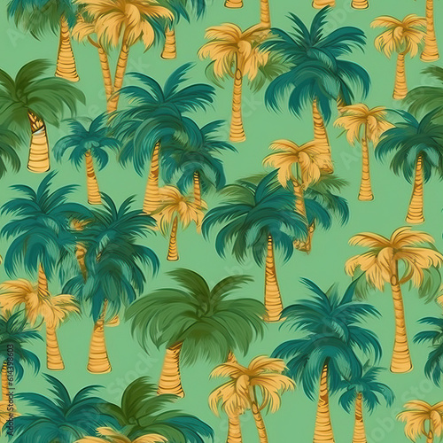 Seamless pattern, palm trees close-up, on a colored background.