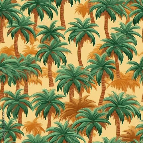 Seamless pattern, palm trees close-up, on a colored background.