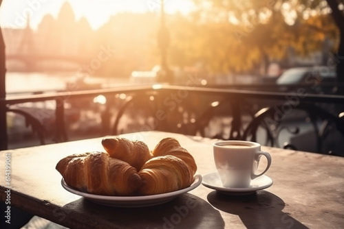 table breakfast paris france food bar cup drink croissant french. Generative AI.