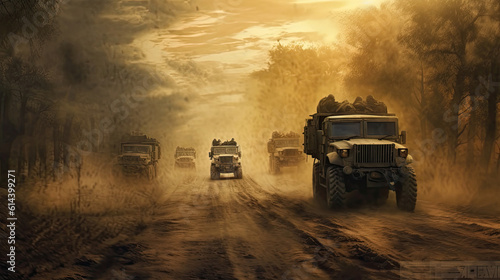A group of military vehicles drive down a dusty road © Sasint