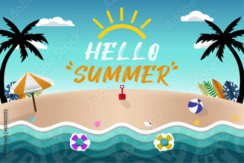 New Concept Vector Paper Cut Hello Summer Beautiful Beach Illustration