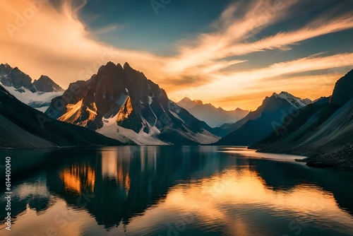 sunset over the lake generated Ai. © Raziq
