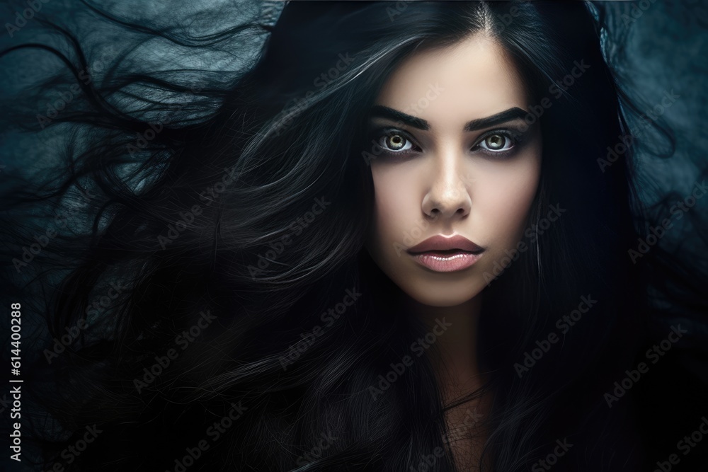 Beautiful Hair. Girl With Healthy Wavy Long Black Hair. Portrait Happy Woman With Beauty Face, Makeup And Perfect Curls. Volume, Hairstyle, Hairdressing Concept. created with generative ai