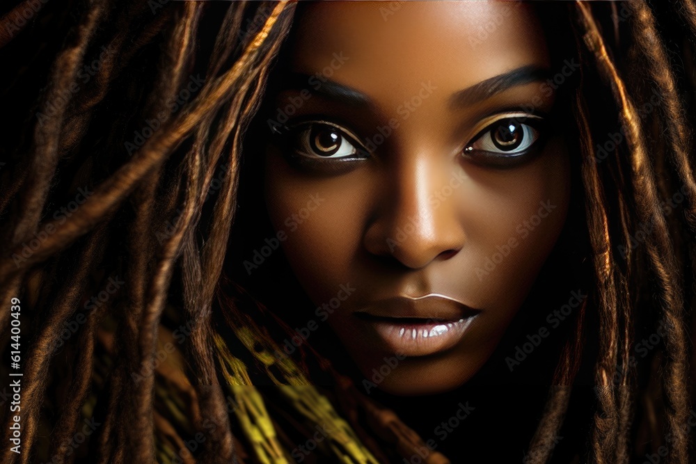 Black skin woman model with long braided hair. African Ethnic female face with interesting hairdo. Extreme close up beauty portrait of beautiful young african woman, created with generative ai Black skin woman model with long braided hair. African Ethnic female face with interesting hairdo. Extreme close up beauty portrait of beautiful young african woman, created with generative ai