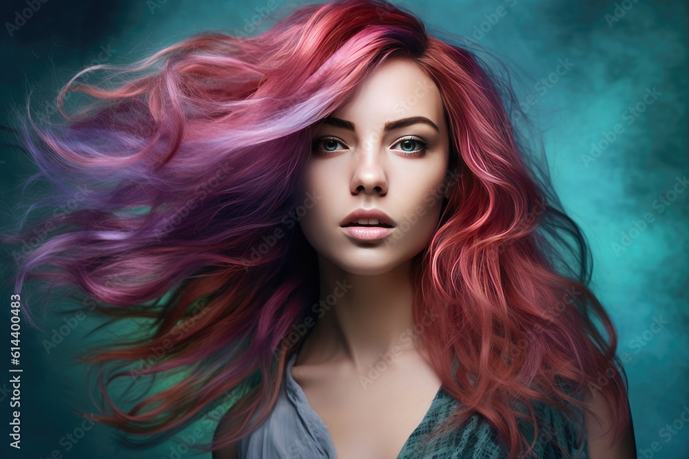Beautiful Hair. Girl With Healthy Wavy Long Pink Hair. Portrait Happy Woman With Beauty Face, Makeup And Perfect Curls. Volume, Hairstyle, Hairdressing Concept. created with generative ai Beautiful Hair. Girl With Healthy Wavy Long Pink Hair. Portrait Happy Woman With Beauty Face, Makeup And Perfect Curls. Volume, Hairstyle, Hairdressing Concept. created with generative ai