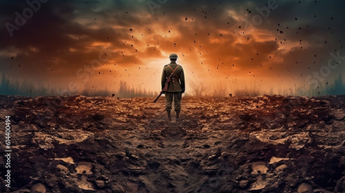 Soldier standing alone after the war in battlefield
