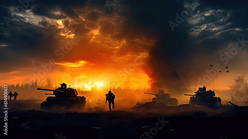War Concept. Military silhouettes fighting scene on war fog sky background, World War Soldiers Silhouettes Below Cloudy Skyline at sunset. Attack scene.