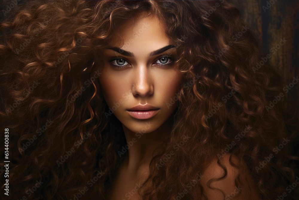 Mixed race woman model with long brown curly hair and grey eyes. Female face with interesting hairdo. Close up beauty portrait of beautiful young multicultural woman, created with generative ai Mixed race woman model with long brown curly hair and grey eyes. Female face with interesting hairdo. Close up beauty portrait of beautiful young multicultural woman, created with generative ai