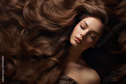 Beautiful Hair. Girl With Healthy Wavy Long Brown Hair. Portrait Happy Woman With Beauty Face, Makeup And Perfect Curls. Volume, Hairstyle, Hairdressing Concept. created with generative ai