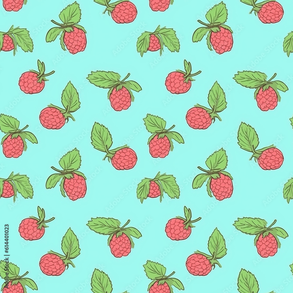 Cartoon seamless pattern with many raspberries on light blue background. Generative AI. Cartoon seamless pattern with many raspberries on light blue background. Generative AI.