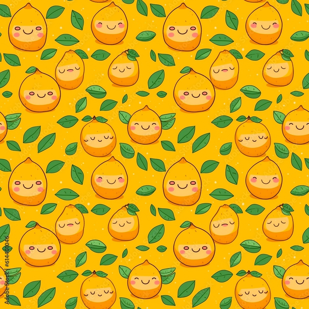 Cartoon seamless pattern with cute funny lemons on orange background. Generative AI. Cartoon seamless pattern with cute funny lemons on orange background. Generative AI.