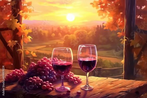 wine in a glass near a vine with red and yellow leaves in a vineyard in bright sunlight.