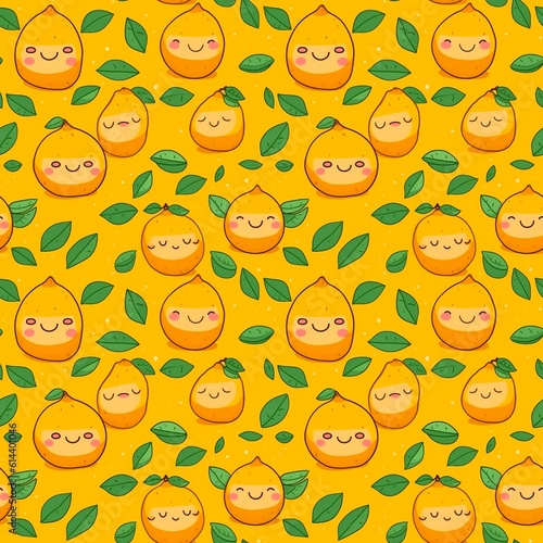 Cartoon seamless pattern with cute funny lemons on orange background. Generative AI.