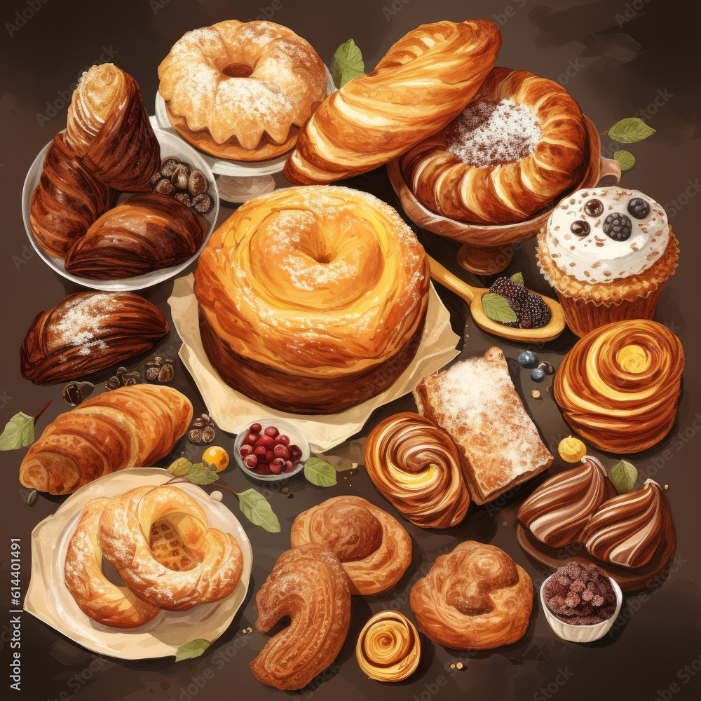 Bakery pastry products - bun, bagel with chocolate and cream on dark background. Food, breakfast, baking, desserts concept. Generative AI