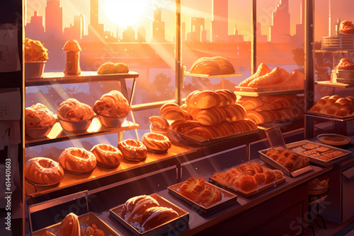 Bakery counter, shop showcase with fresh pastry, buns. Food, breakfast, baking, desserts concept. Generative AI