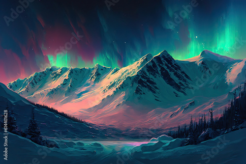 Snow mountains and aurora ,world in the night