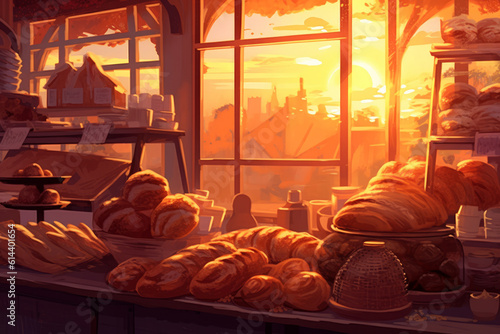 Bakery counter  shop showcase with fresh pastry  buns. Food  breakfast  baking  desserts concept. Generative AI
