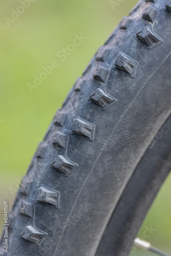 Mountain Bike closeup of wheel with blurred background