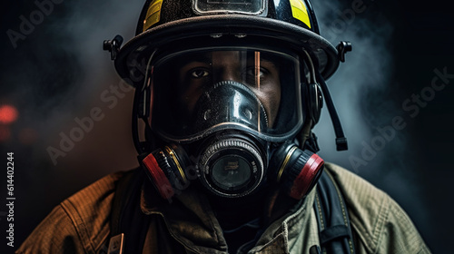 Firefighter with mask, smoke in the background 