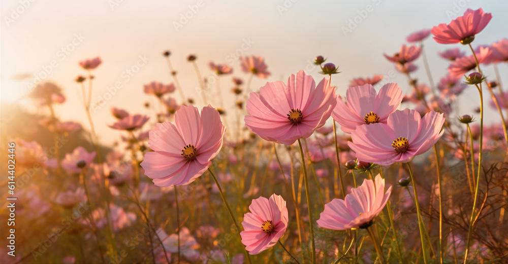 blooming violet pink field beautiful floral flower nature background meadow sunset. Generative AI.