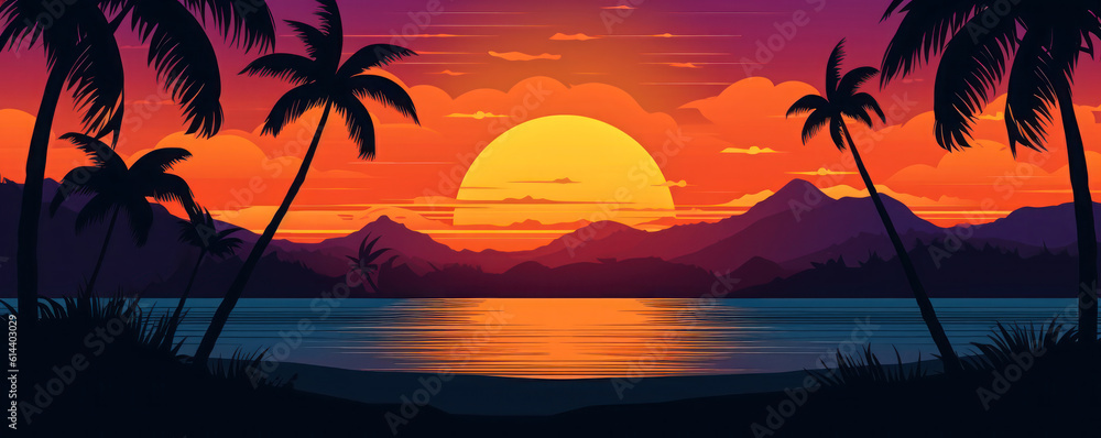 Illustration of tropical sunset sea and palm trees.