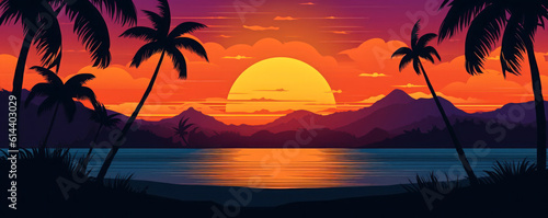 Illustration of tropical sunset sea and palm trees.